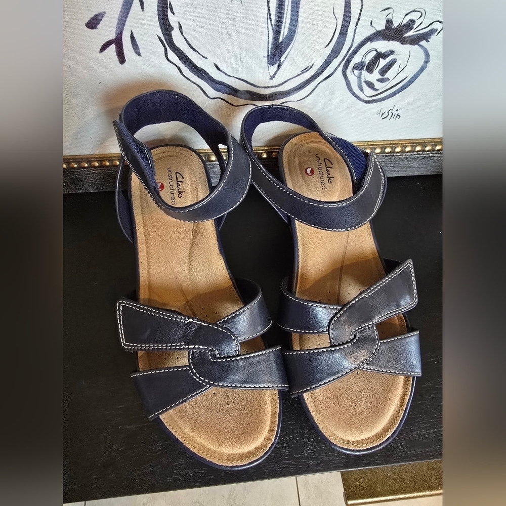 Clarks Women's Unstructured Slingback Capri Strap Wedge Navy Sandals 8 - Picture 7 of 8